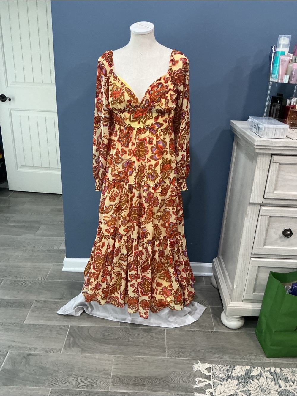 Jessica Simpson Yellow and Rust Floral Tiered Maxi Dress